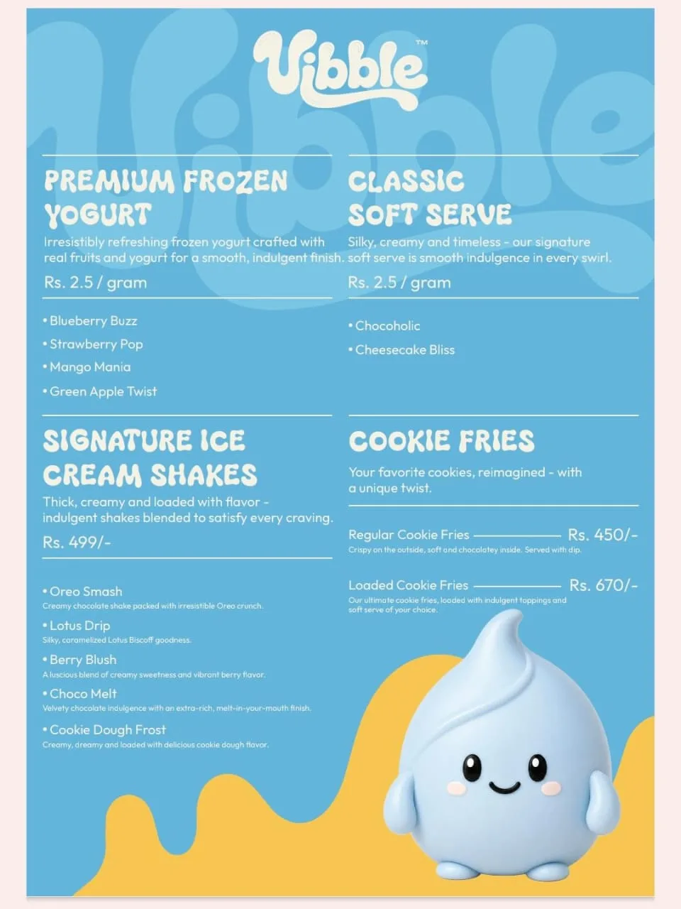 Vibble printed menu, page 1: frozen yogurt, soft serve, shakes and cookie fries