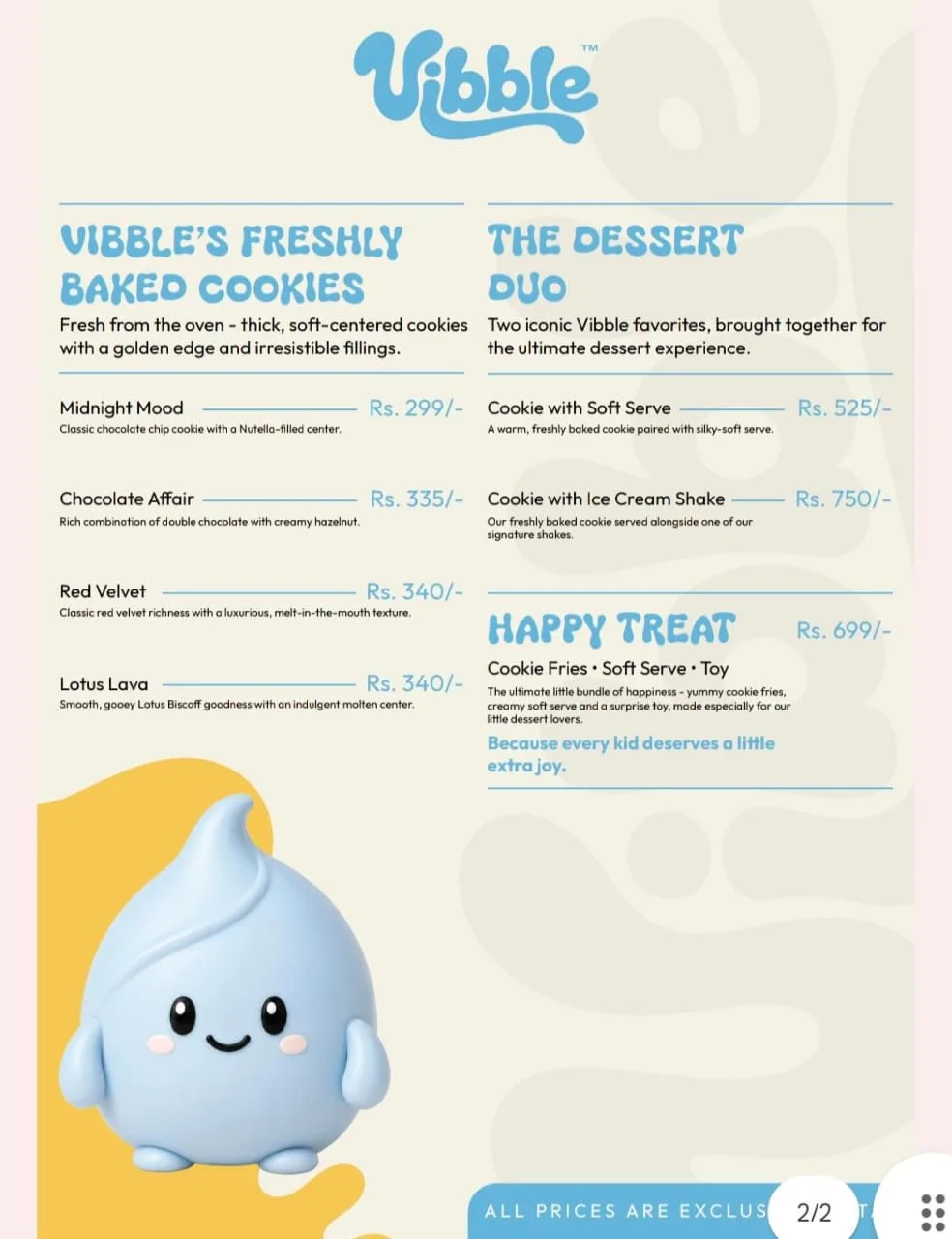 Vibble printed menu, page 2: cookies, dessert duos and the Happy Treat